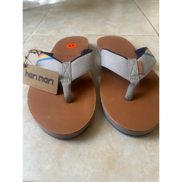 Hari Mari Flip Flops Mens Size 11 Tan Leather Straps Rainbow Detail